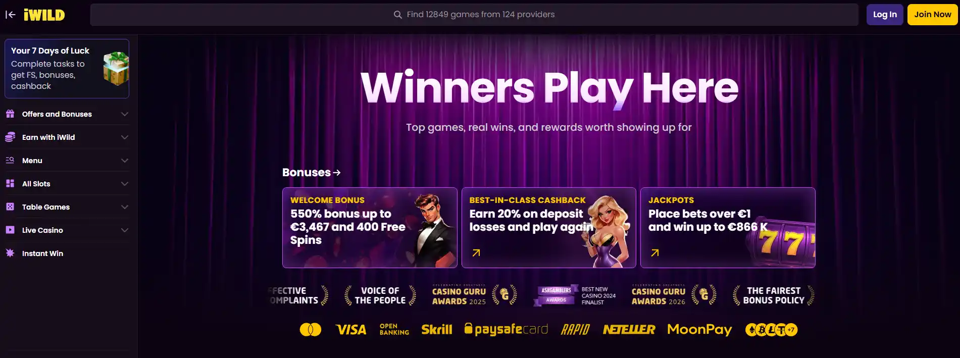 iWild Casino homepage and game lobby